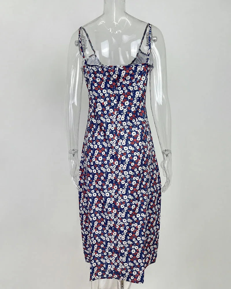 Flower Printed Spaghetti Strap Dresses For Women Sexy Low Cut Beach Party Slim Slit Dress Chic Bodycon Lady Sleeveless Vestidos