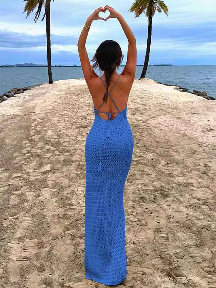 Sexy Knit Cut Out Tassel Spaghetti Strap Bodycon Beach Maxi Dress Summer Women's Holiday Club Party Outfit Swimsuit Cover Up K10