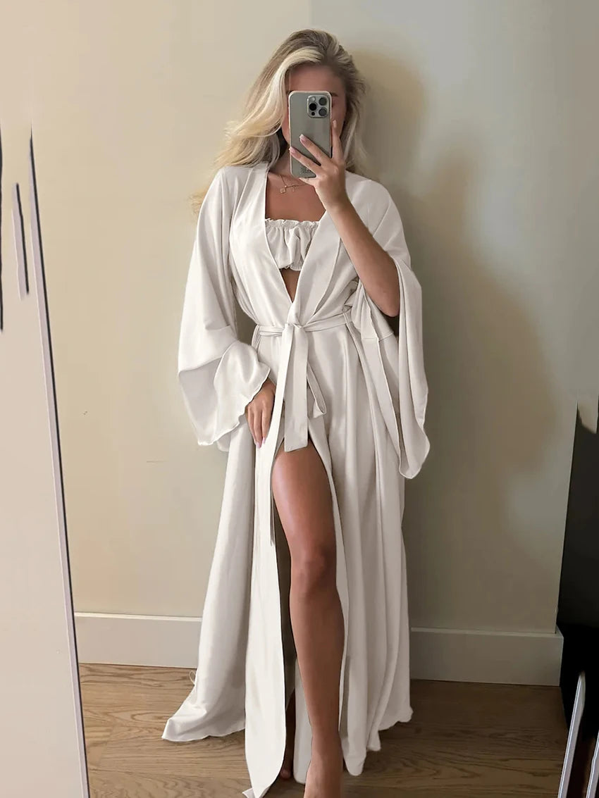 Marthaqiqi Casual Women Sleepwear 3 Piece Suit V-Beck Robe Long Sleeve Bathrobe Pajamas Drawstring Tank Tops Shorts Home Clothes