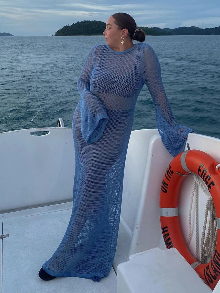 Bikini Sexy Cover-ups Long Sleeve Hollow Out See Through Maxi Knit Dress 2024 Beach Cover Up Dresses for Women Summer Outfit