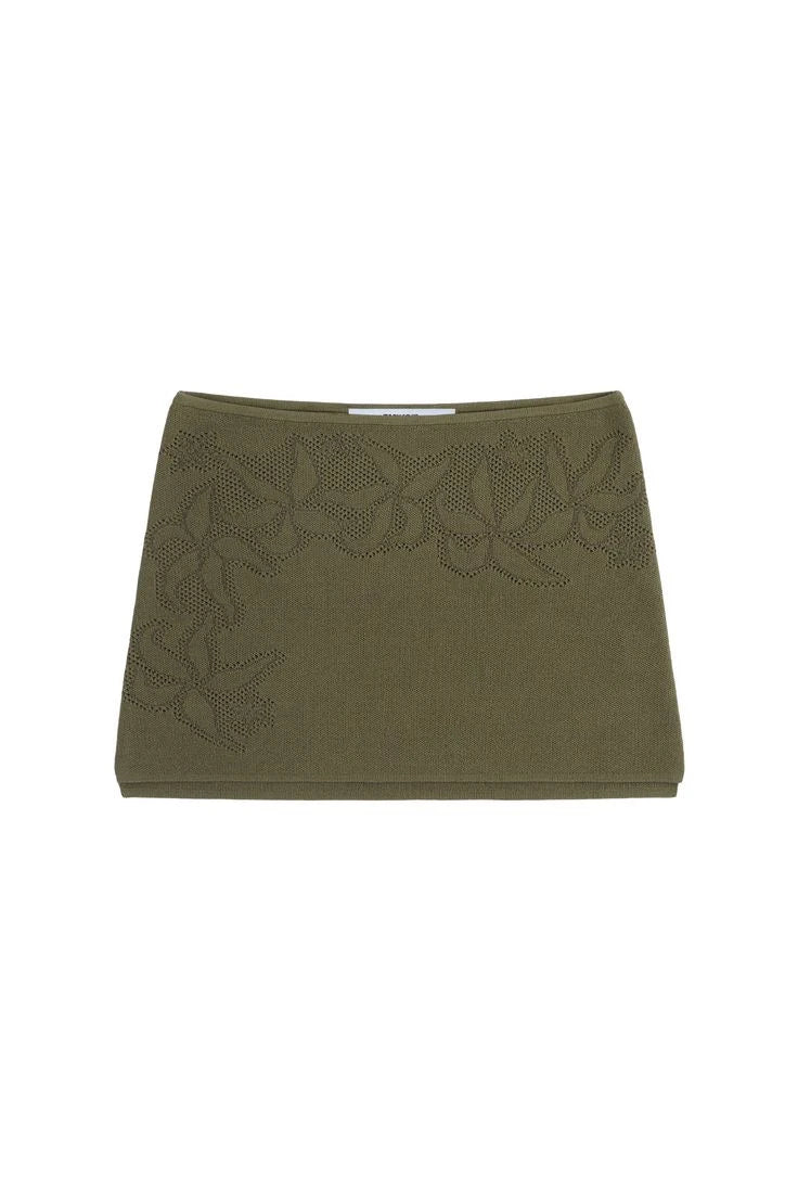 Tank black knitted tube top with green polka dot jacquard top Low waist green mini skirt with hollow jacquard