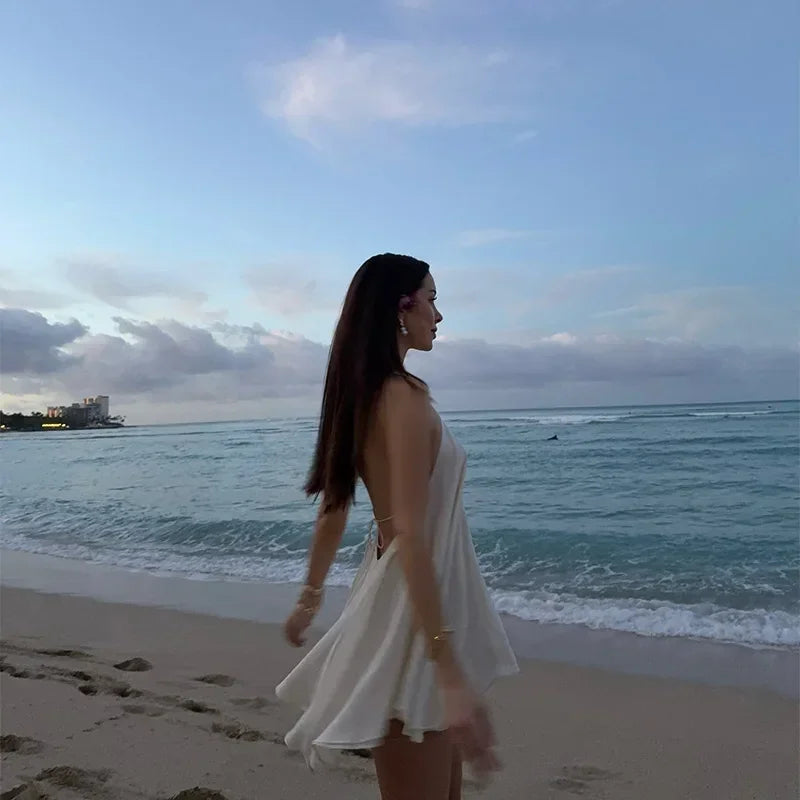 Solid Halter Lace Up Mini Dress Elegant Off Shoulder Backless A-line Loose Gown For Women 2025 Casual Summer Vacation Beach Gown