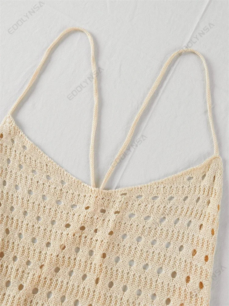 Sexy Knit Cut Out Tassel Spaghetti Strap Bodycon Beach Maxi Dress Summer Women's Holiday Club Party Outfit Swimsuit Cover Up K10