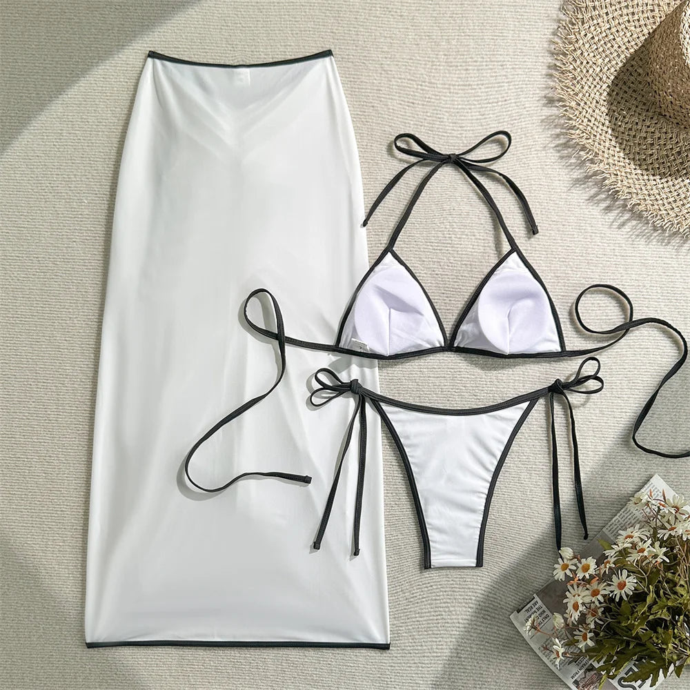 Para Praia Print Three Pieces Bikini Set with Long Skrit 2025 Swimwear Women Sexy Swimsuit Beachdress Bathing Suit Outfits