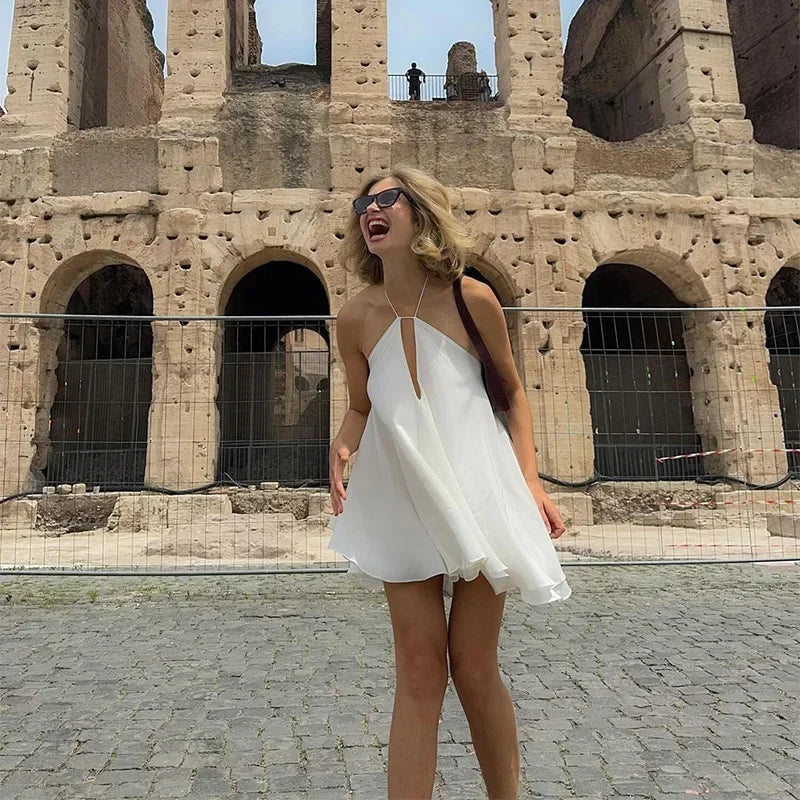 Solid Halter Lace Up Mini Dress Elegant Off Shoulder Backless A-line Loose Gown For Women 2025 Casual Summer Vacation Beach Gown