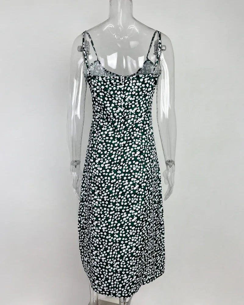Flower Printed Spaghetti Strap Dresses For Women Sexy Low Cut Beach Party Slim Slit Dress Chic Bodycon Lady Sleeveless Vestidos