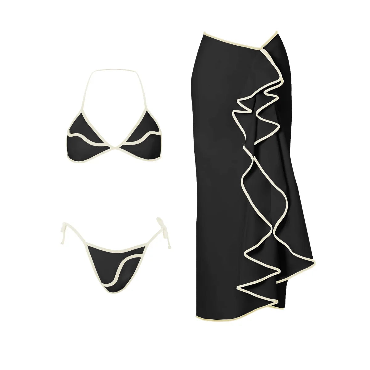 3 Pieces Sexy Bikini Set Black White Bikinis Women Swimsuit Female Elegant Swimwear Long Skirt Bathing Suit Beachwear Cover Up