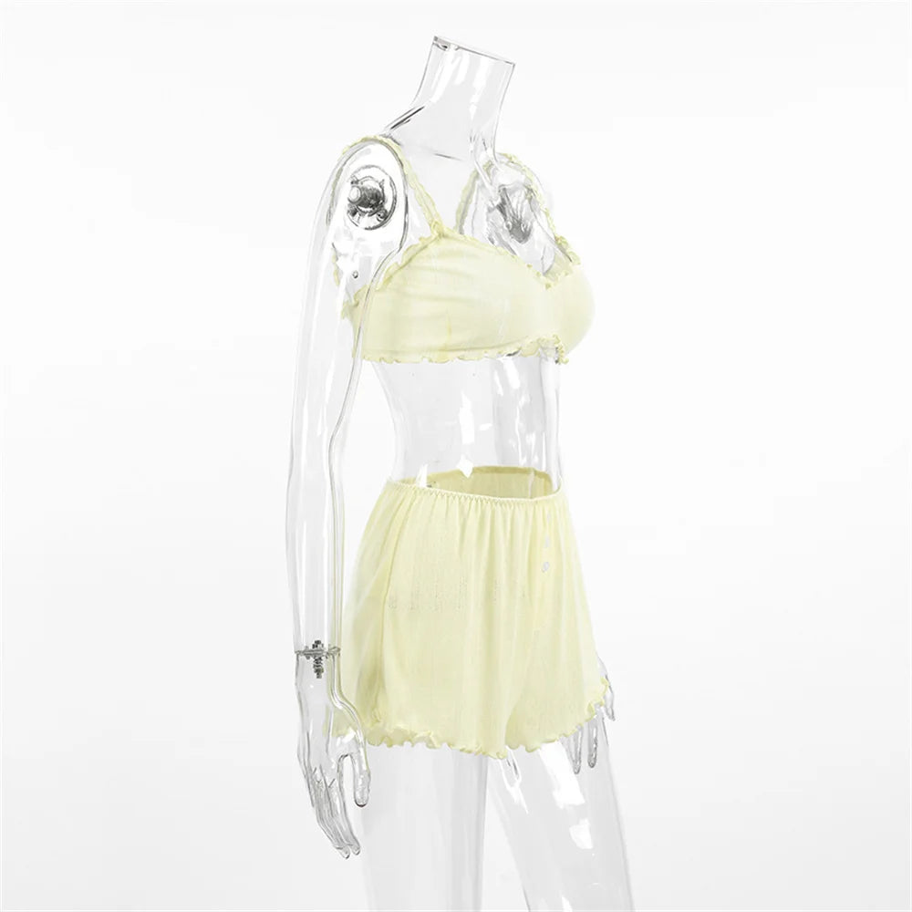 Fashion Female Sleepwear Set Spaghetti Strap Pajamas Crop Top Nightie Tank Tops Pyjamas Shorts Casual Nightgowns Suit