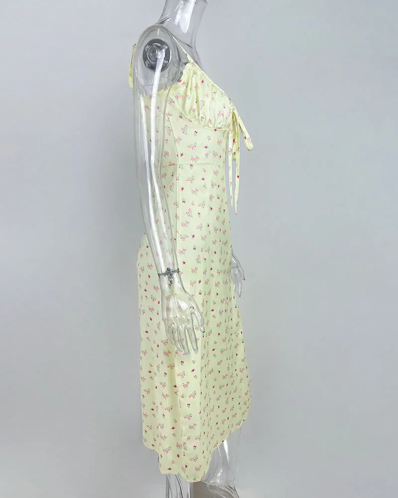 Flower Printed Spaghetti Strap Dresses For Women Sexy Low Cut Beach Party Slim Slit Dress Chic Bodycon Lady Sleeveless Vestidos