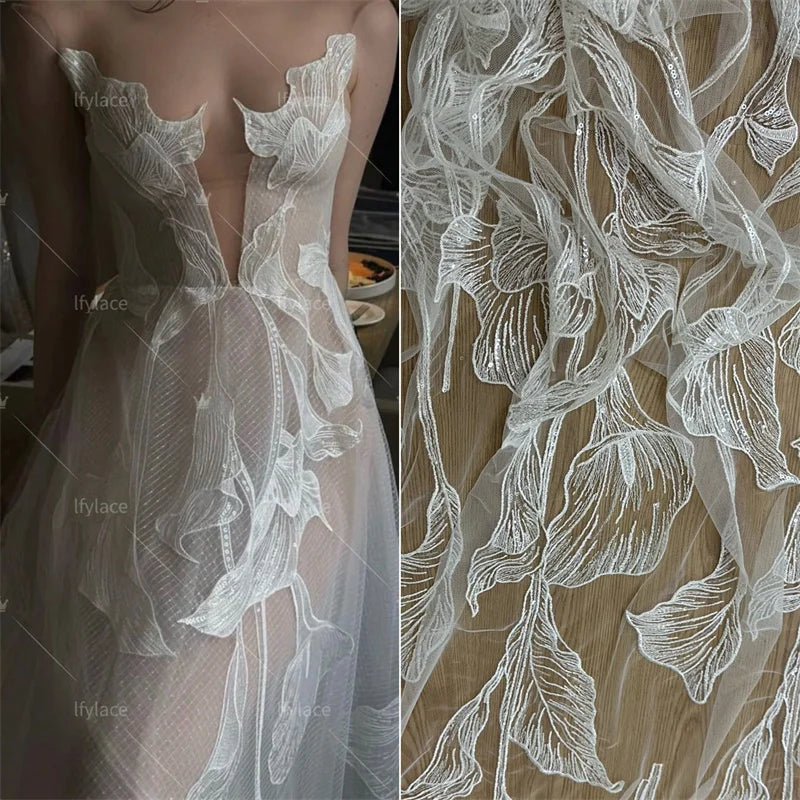 New Hot  Low Price  Off White Embroidery Wedding Dress Tulle Lace Fabric Good Quality Bridal Wear French Lace Fabric 1 Yard
