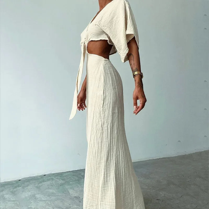 Women's Europe and America Sexy Dresses V-neck Simple Expose Waist Hollow Backless Summer Dresses Vestidos De Mujer 2024  y2k