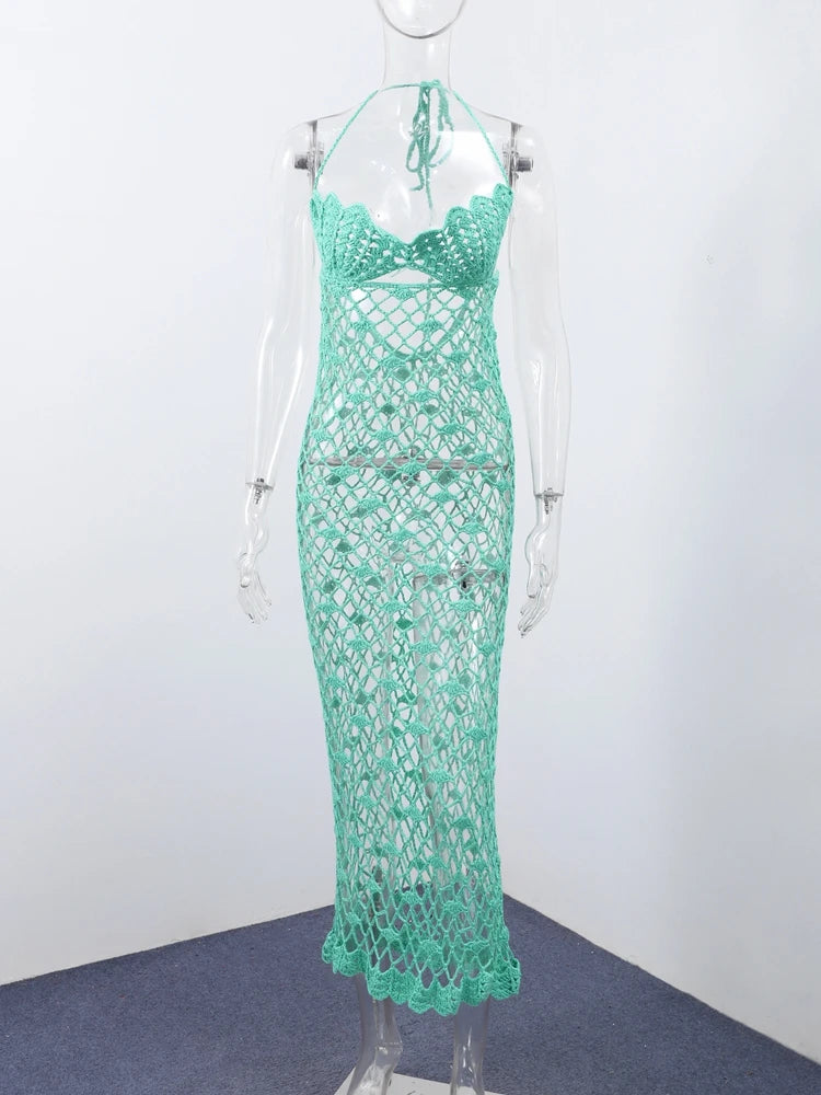 Casual Summer Knit Women's Long Dresses Fashion Hollow Out Sleeveless Hip Package Slim Female Dress Holiday Lace Up Lady Robe