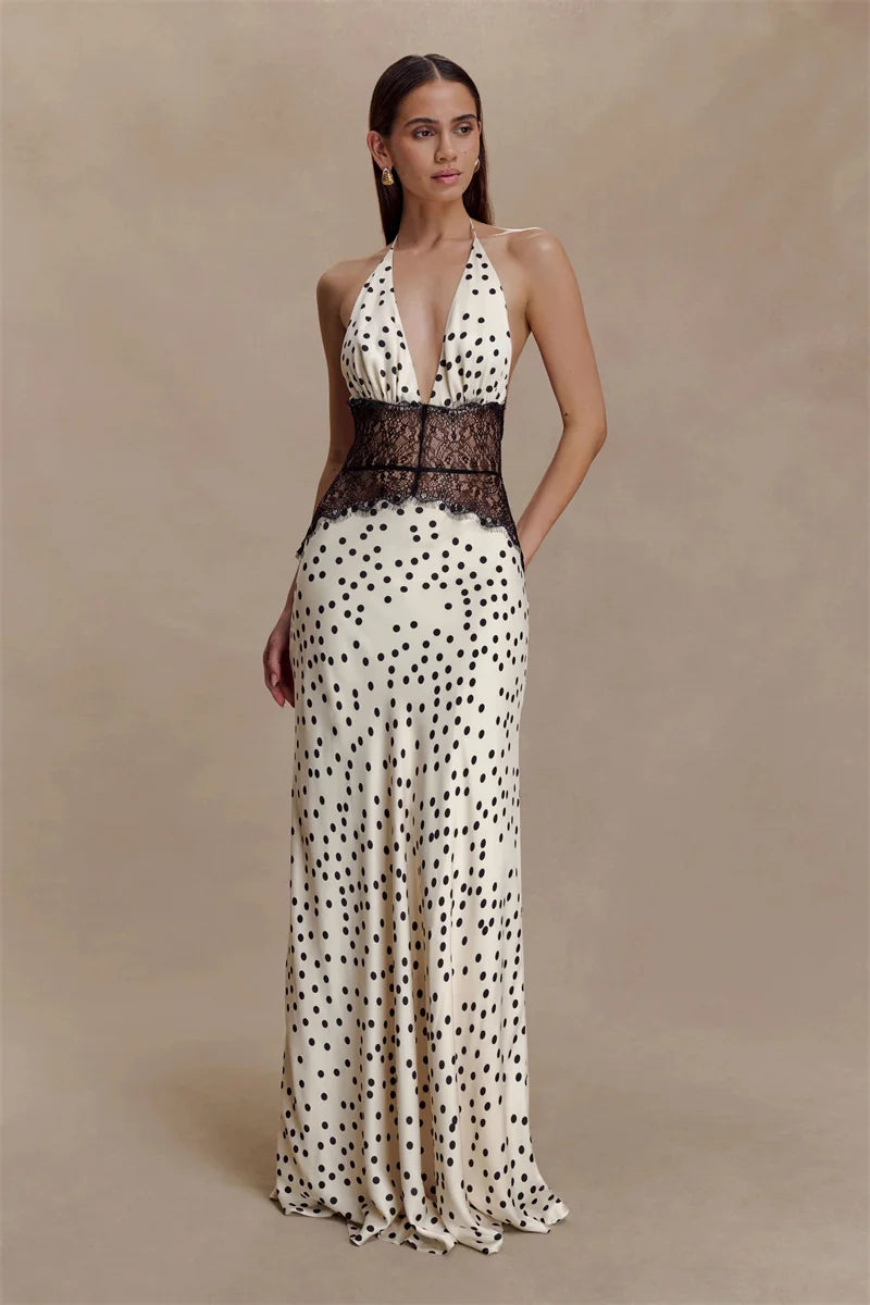 Mozision Polka Dot Backless Sexy Maxi Dress Women Gown Elegant Patchwork Lace Halter Deep V Neck Sleeveless Bodycon Club Dress
