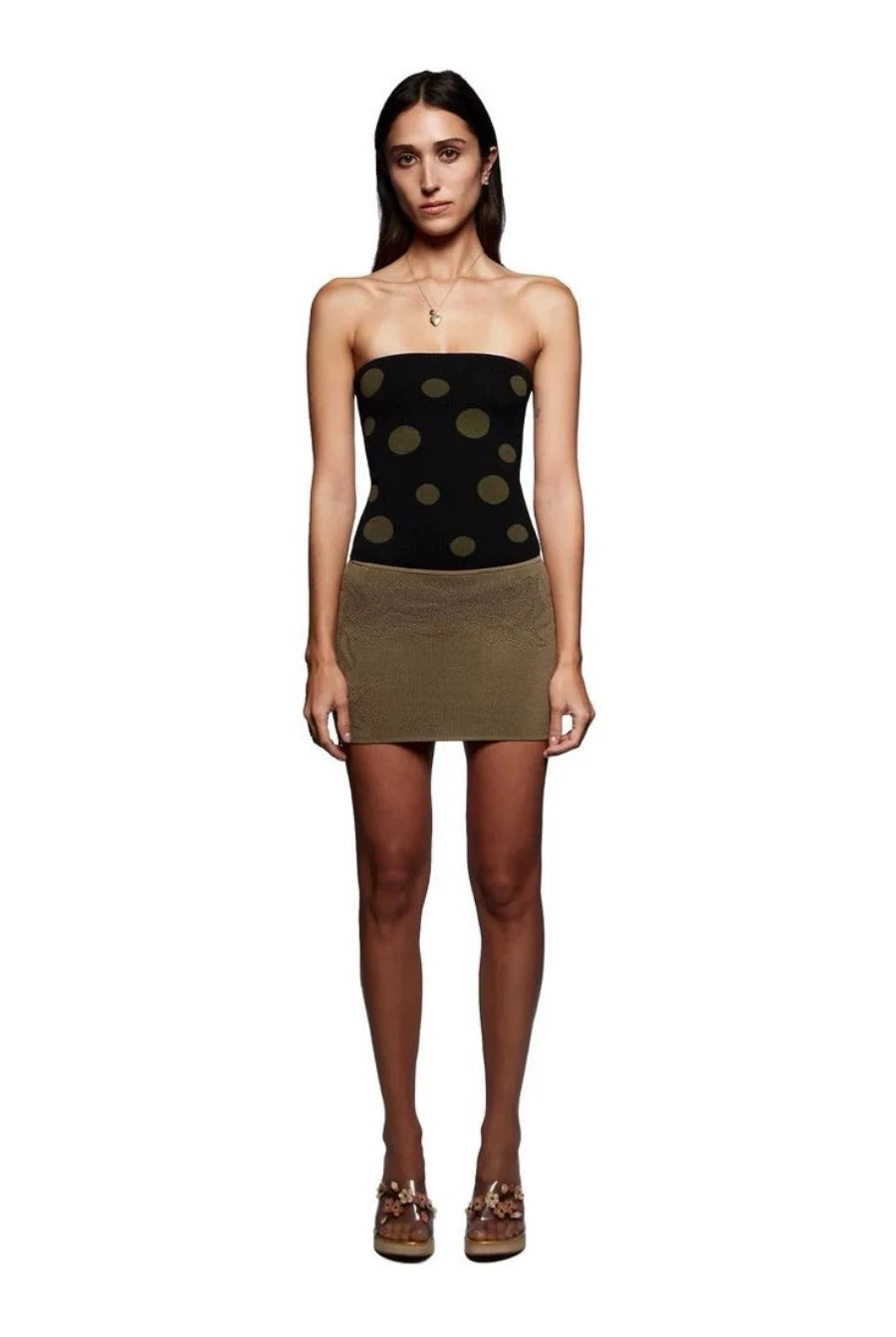 Tank black knitted tube top with green polka dot jacquard top Low waist green mini skirt with hollow jacquard