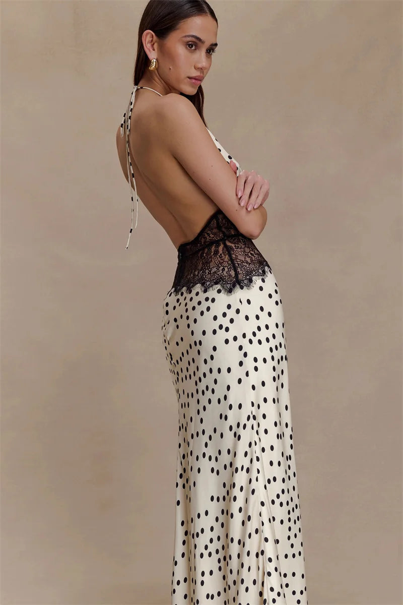 Mozision Polka Dot Backless Sexy Maxi Dress Women Gown Elegant Patchwork Lace Halter Deep V Neck Sleeveless Bodycon Club Dress