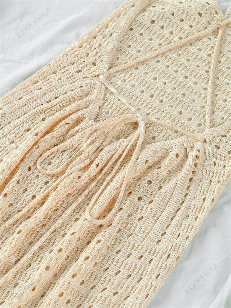 Sexy Knit Cut Out Tassel Spaghetti Strap Bodycon Beach Maxi Dress Summer Women's Holiday Club Party Outfit Swimsuit Cover Up K10