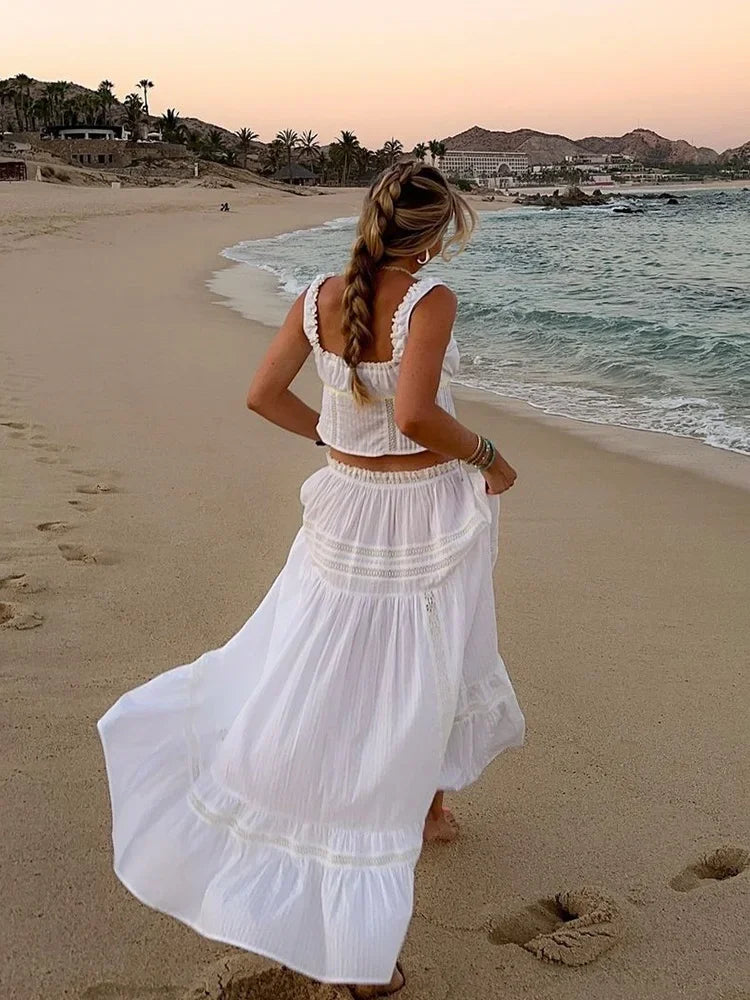White Lace Skirt Set Women's Dress Outfits Summer Beach Cotton Matching Sets 2 Pcs Long Maxi Dress Set Vestidos Female 2025