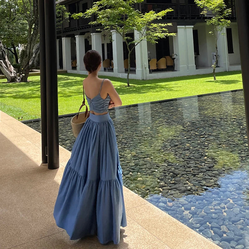 Neploe Sexy Two Piece Set 2025 Summer Femme French Style V-neck Slim Fit Short Suspended Tank Top High Waist Large Swing Skirt