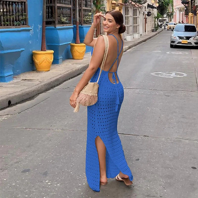 Sexy Knit Cut Out Tassel Spaghetti Strap Bodycon Beach Maxi Dress Summer Women's Holiday Club Party Outfit Swimsuit Cover Up K10