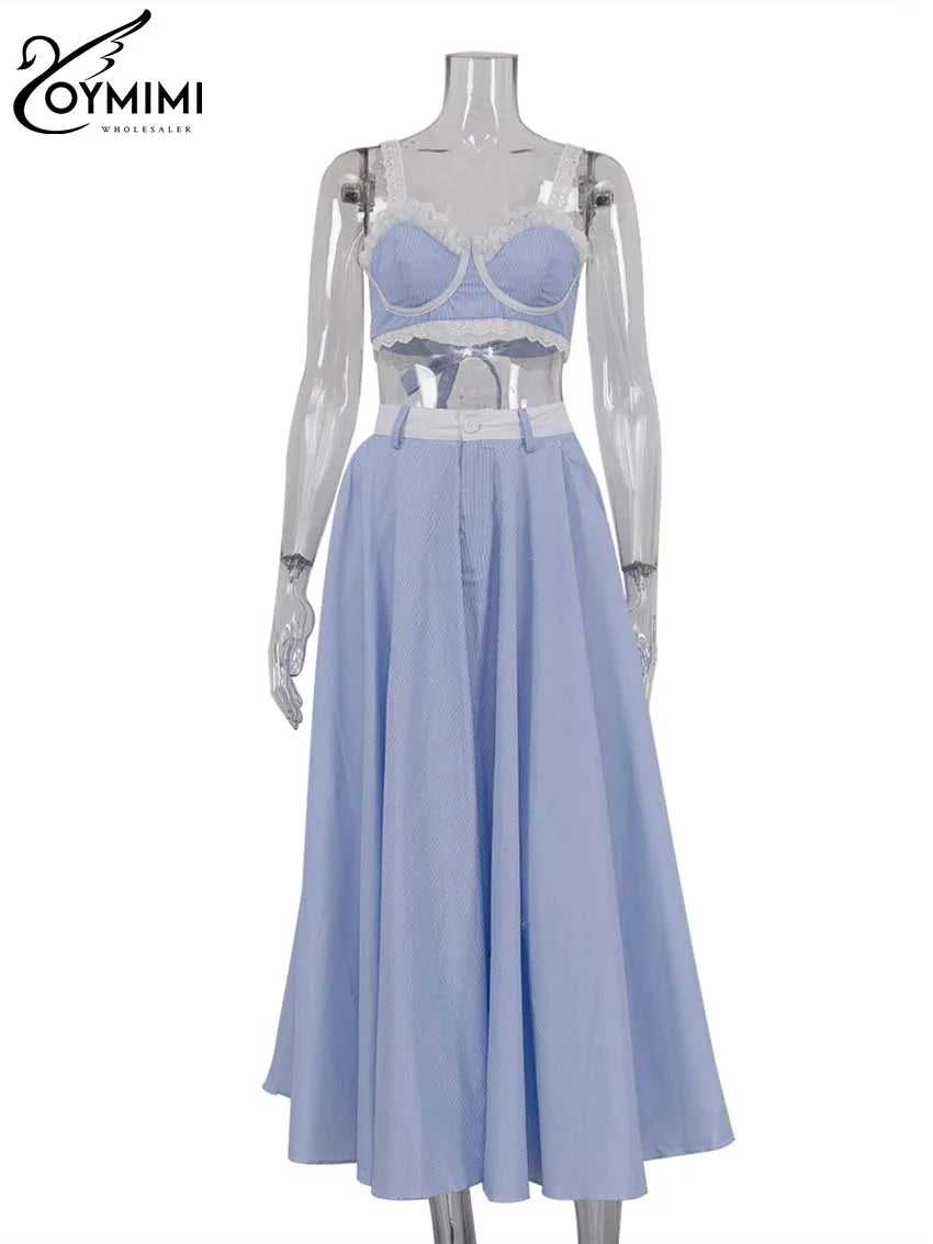 Oymimi Fashion Blue Print Sets For Women 2 Pieces Autumn Spaghetti Strap Lace Bra And High Waisted Loose Pleated Skirts Sets