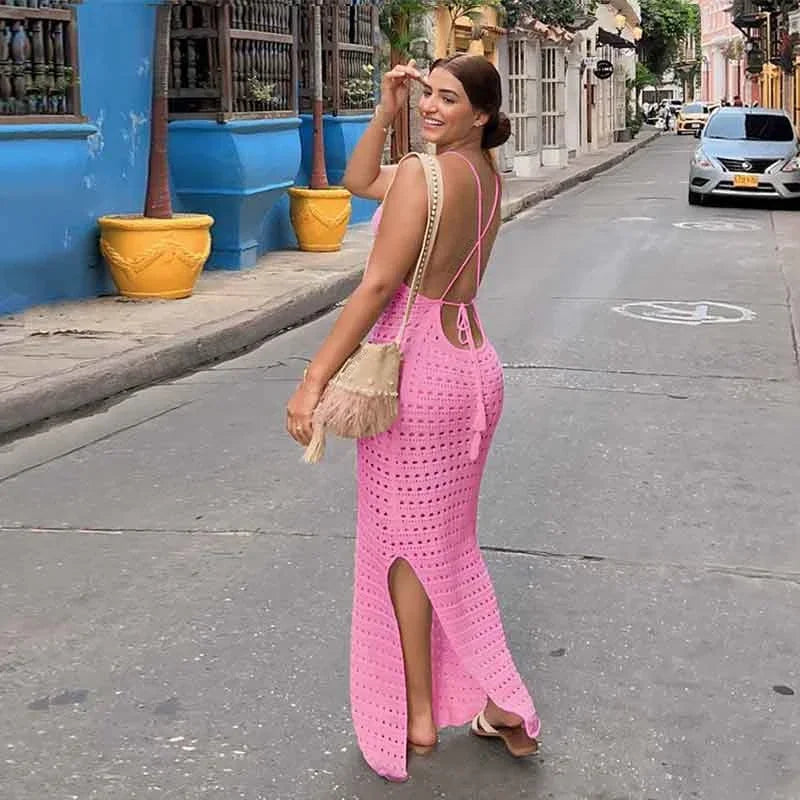 Sexy Knit Cut Out Tassel Spaghetti Strap Bodycon Beach Maxi Dress Summer Women's Holiday Club Party Outfit Swimsuit Cover Up K10