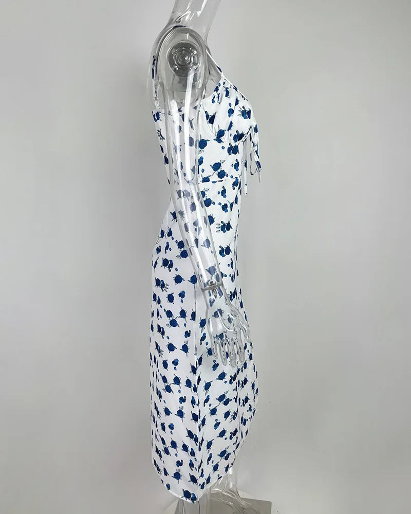 Flower Printed Spaghetti Strap Dresses For Women Sexy Low Cut Beach Party Slim Slit Dress Chic Bodycon Lady Sleeveless Vestidos