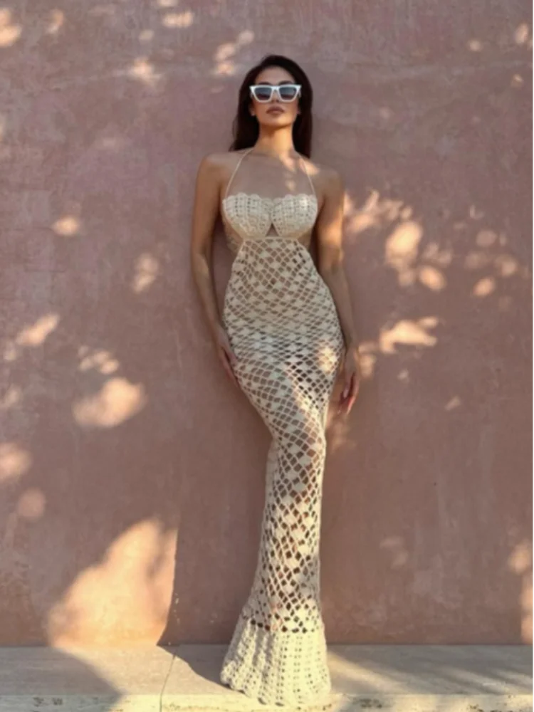 Casual Summer Knit Women's Long Dresses Fashion Hollow Out Sleeveless Hip Package Slim Female Dress Holiday Lace Up Lady Robe