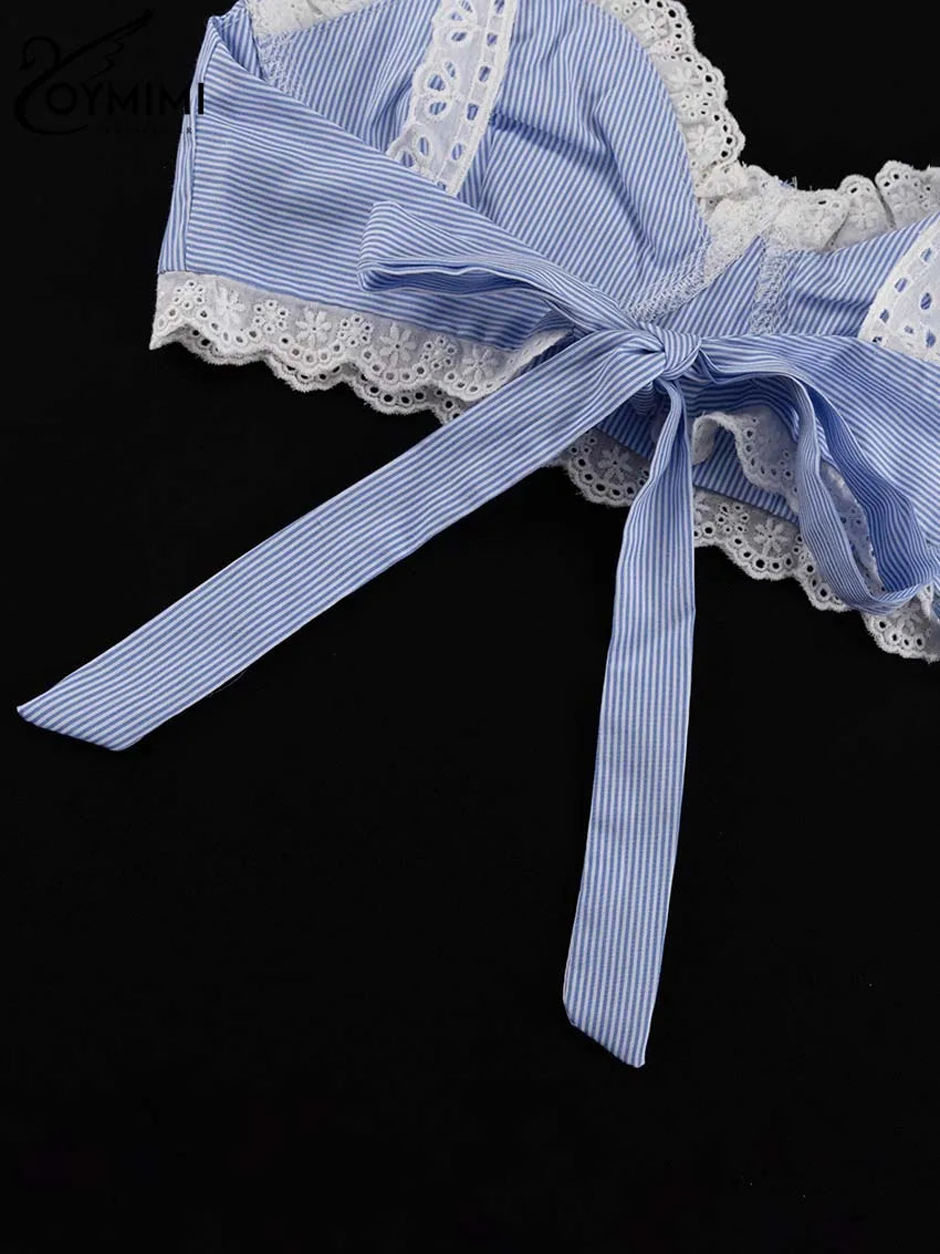 Oymimi Fashion Blue Print Sets For Women 2 Pieces Autumn Spaghetti Strap Lace Bra And High Waisted Loose Pleated Skirts Sets