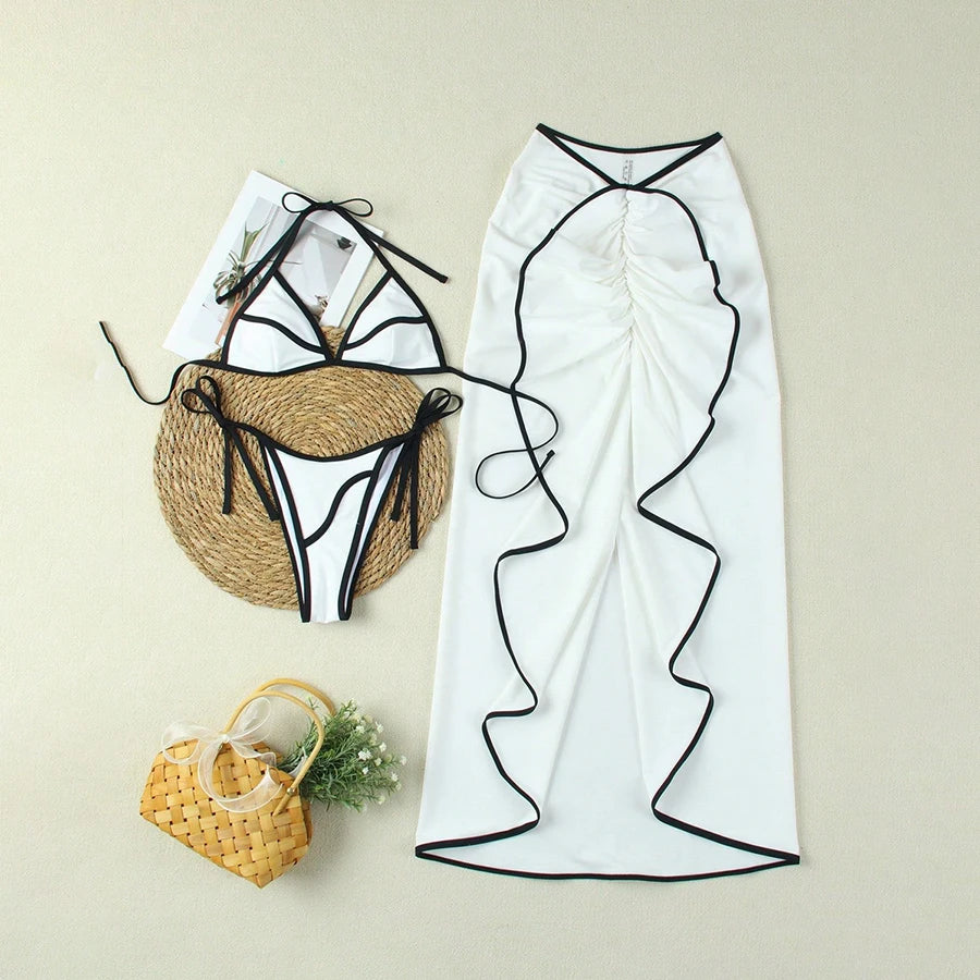 Para Praia Print Three Pieces Bikini Set with Long Skrit 2025 Swimwear Women Sexy Swimsuit Beachdress Bathing Suit Outfits