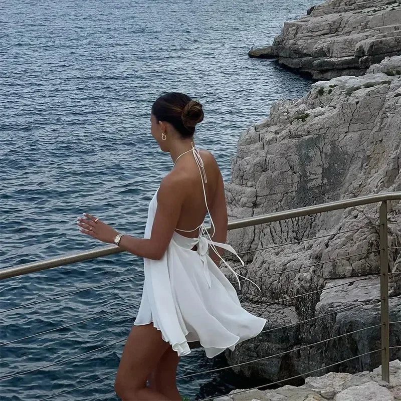 Solid Halter Lace Up Mini Dress Elegant Off Shoulder Backless A-line Loose Gown For Women 2025 Casual Summer Vacation Beach Gown