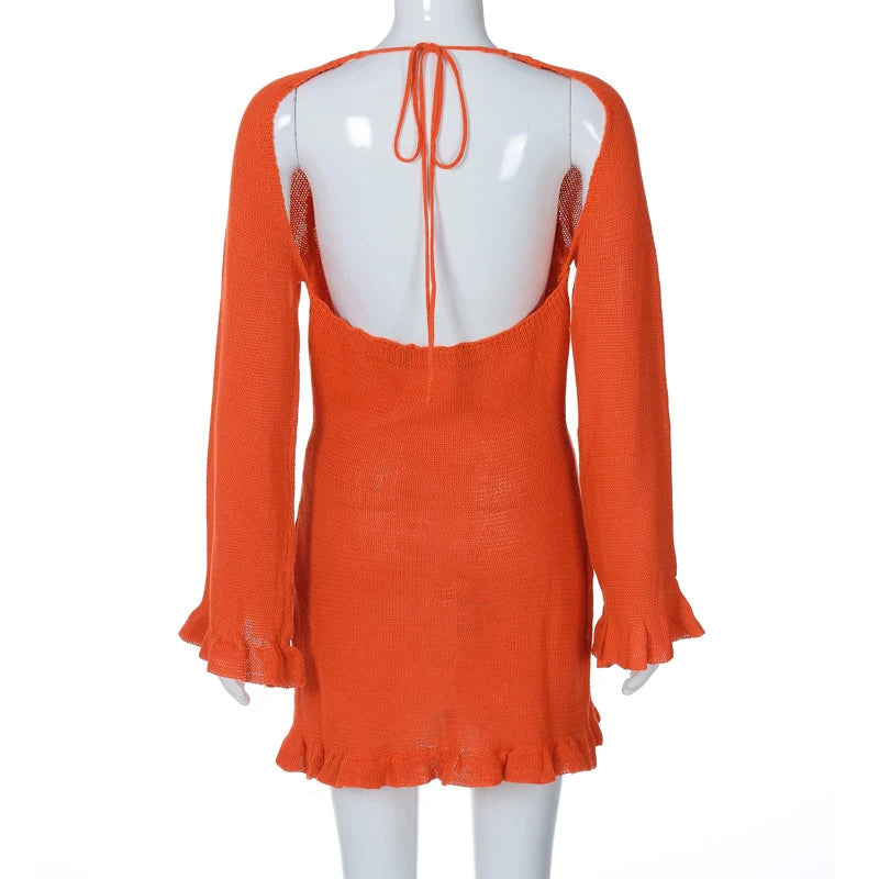 2025 Women Ins Style Sexy Backless Neck-hanging Long Sleeve Fishtail Dress Knit Beachwear Summer Swimsuit Bikini Cover-ups A2825