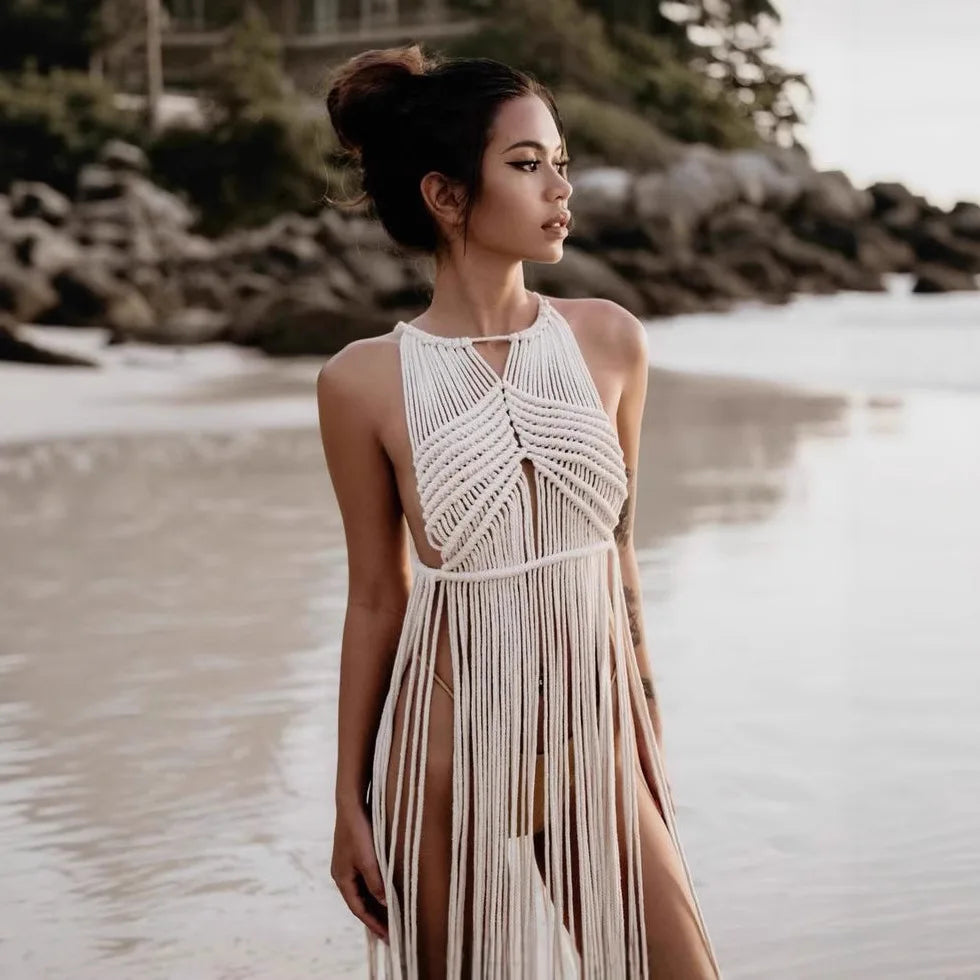 Bohemian Crochet Women's Bikini Cover-up 2025 Summer Sleeveless Tassel Beach Dress Vacation Swimwear