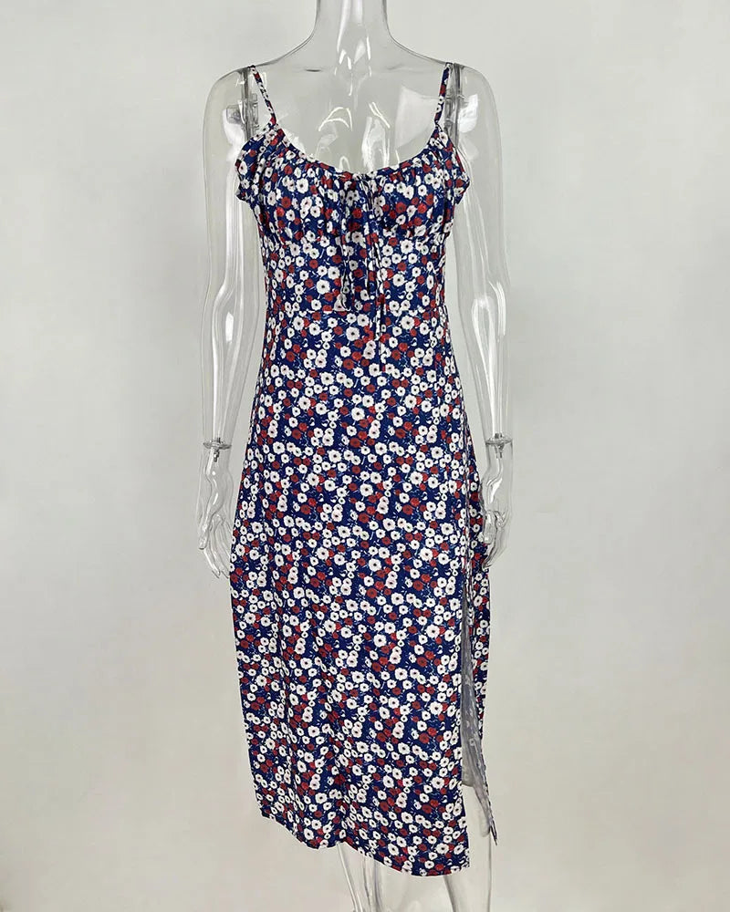 Flower Printed Spaghetti Strap Dresses For Women Sexy Low Cut Beach Party Slim Slit Dress Chic Bodycon Lady Sleeveless Vestidos
