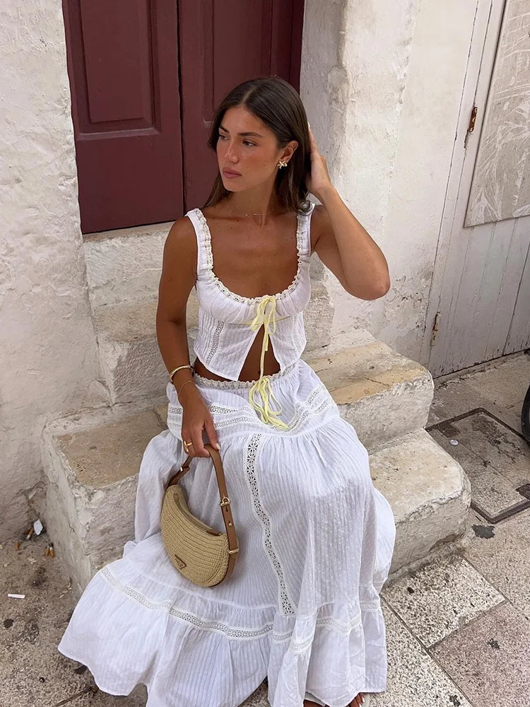 White Lace Skirt Set Women's Dress Outfits Summer Beach Cotton Matching Sets 2 Pcs Long Maxi Dress Set Vestidos Female 2025