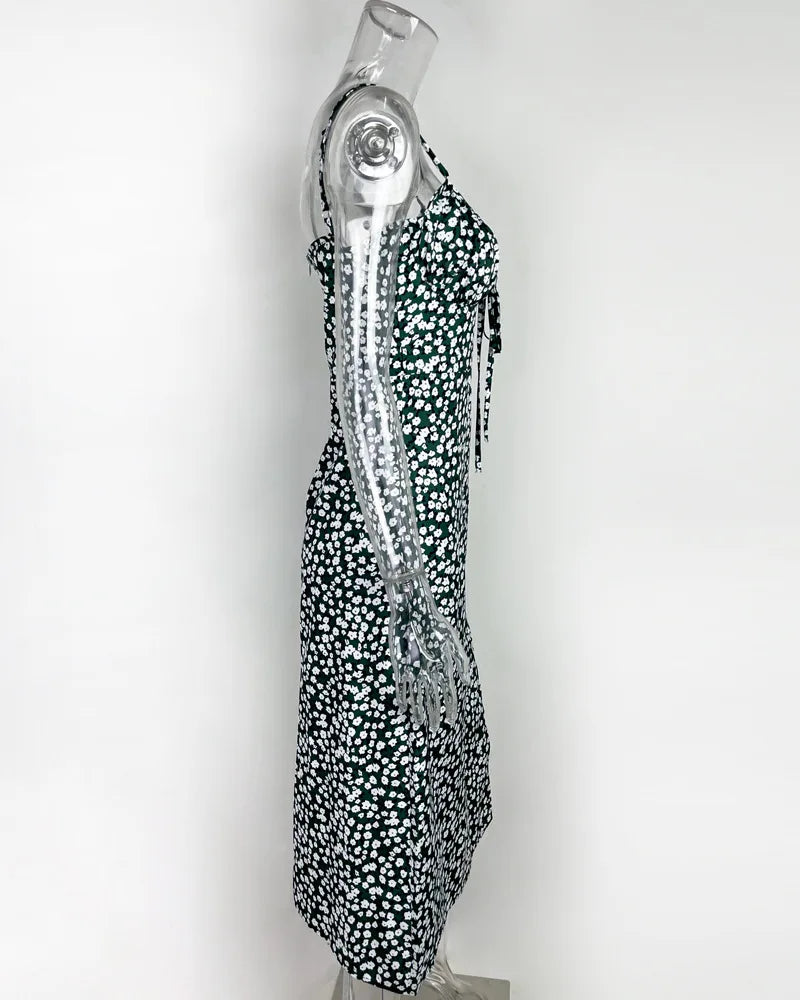 Flower Printed Spaghetti Strap Dresses For Women Sexy Low Cut Beach Party Slim Slit Dress Chic Bodycon Lady Sleeveless Vestidos