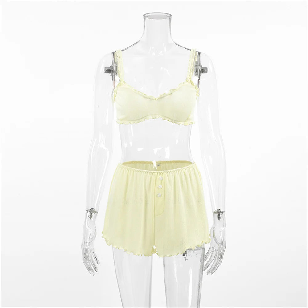 Fashion Female Sleepwear Set Spaghetti Strap Pajamas Crop Top Nightie Tank Tops Pyjamas Shorts Casual Nightgowns Suit