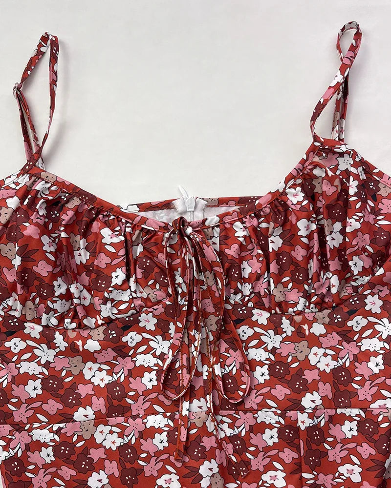 Flower Printed Spaghetti Strap Dresses For Women Sexy Low Cut Beach Party Slim Slit Dress Chic Bodycon Lady Sleeveless Vestidos