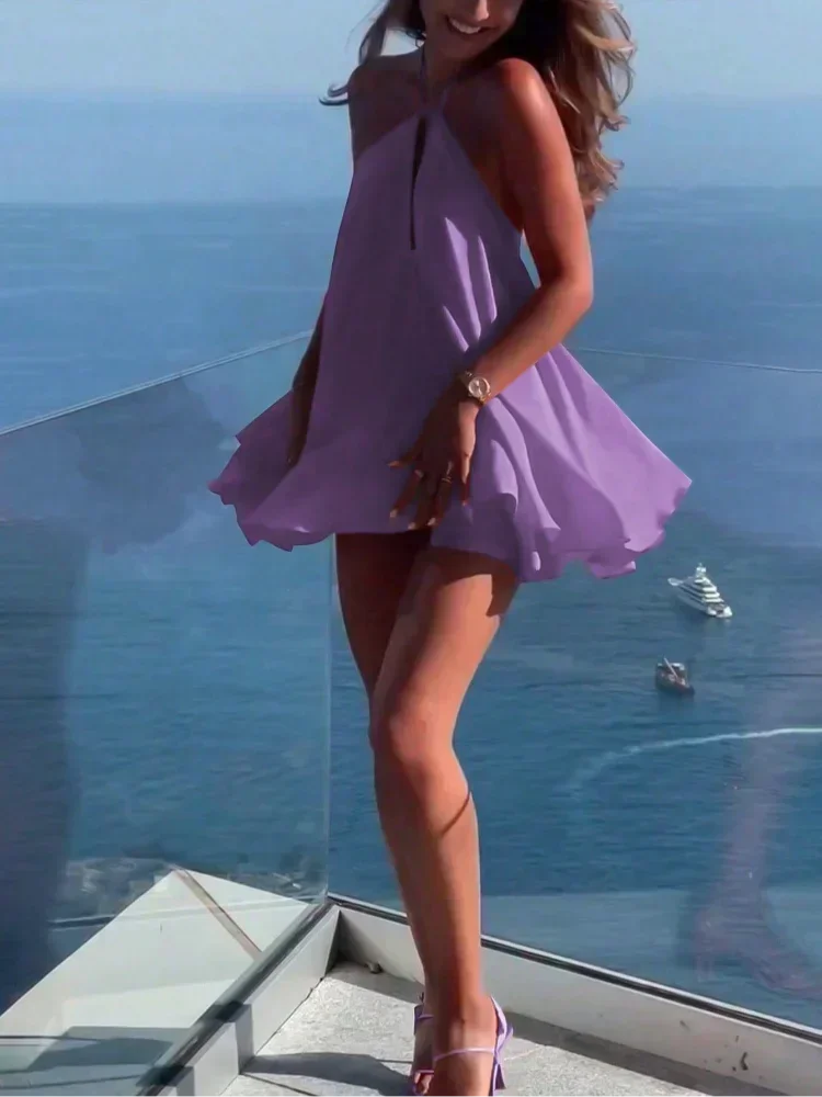 Solid Halter Lace Up Mini Dress Elegant Off Shoulder Backless A-line Loose Gown For Women 2025 Casual Summer Vacation Beach Gown