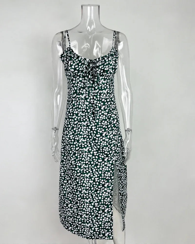 Flower Printed Spaghetti Strap Dresses For Women Sexy Low Cut Beach Party Slim Slit Dress Chic Bodycon Lady Sleeveless Vestidos