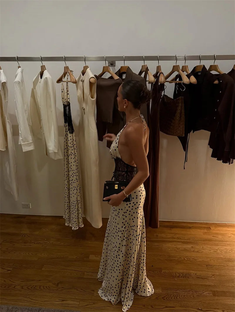 Mozision Polka Dot Backless Sexy Maxi Dress Women Gown Elegant Patchwork Lace Halter Deep V Neck Sleeveless Bodycon Club Dress