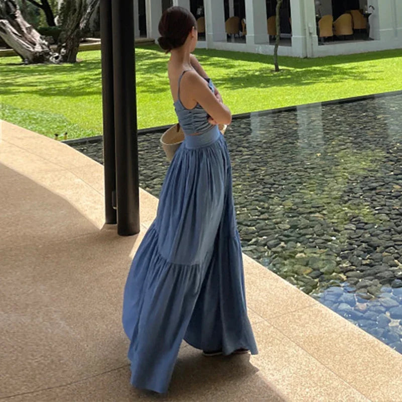 Neploe Sexy Two Piece Set 2025 Summer Femme French Style V-neck Slim Fit Short Suspended Tank Top High Waist Large Swing Skirt