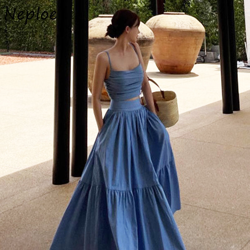 Neploe Sexy Two Piece Set 2025 Summer Femme French Style V-neck Slim Fit Short Suspended Tank Top High Waist Large Swing Skirt