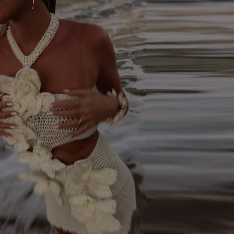 Sexy Knit Short Hollow Out Beach Dress Pearls V-neck Sleeveless Female Sling Dresses 2025 Spring Summer Lady Vacation Vestidos