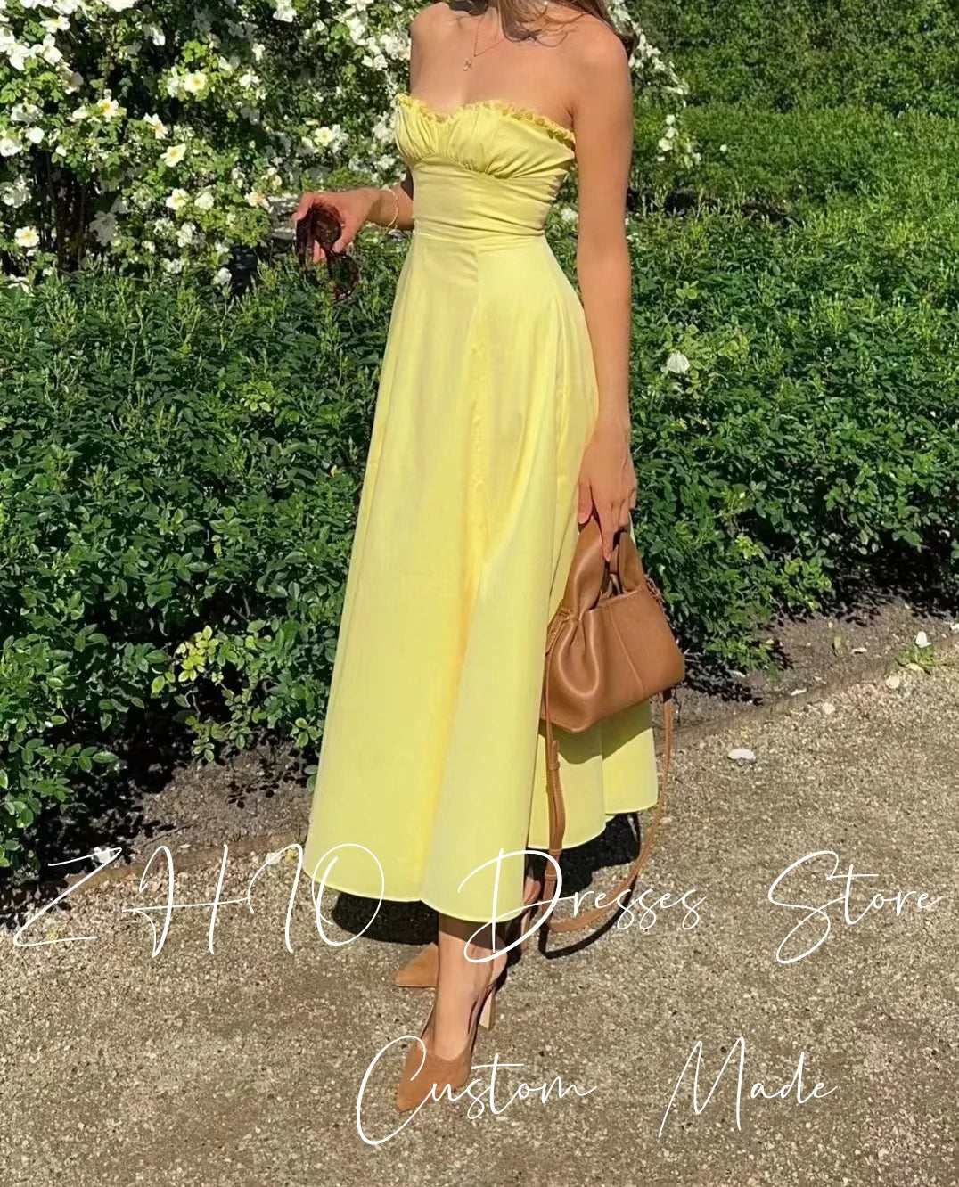 ZHIO Elegant Yellow Wedding Party Dress Strapless Pleat A-Line Ankle Length Satin Special Occasion Evening Dresses Customized