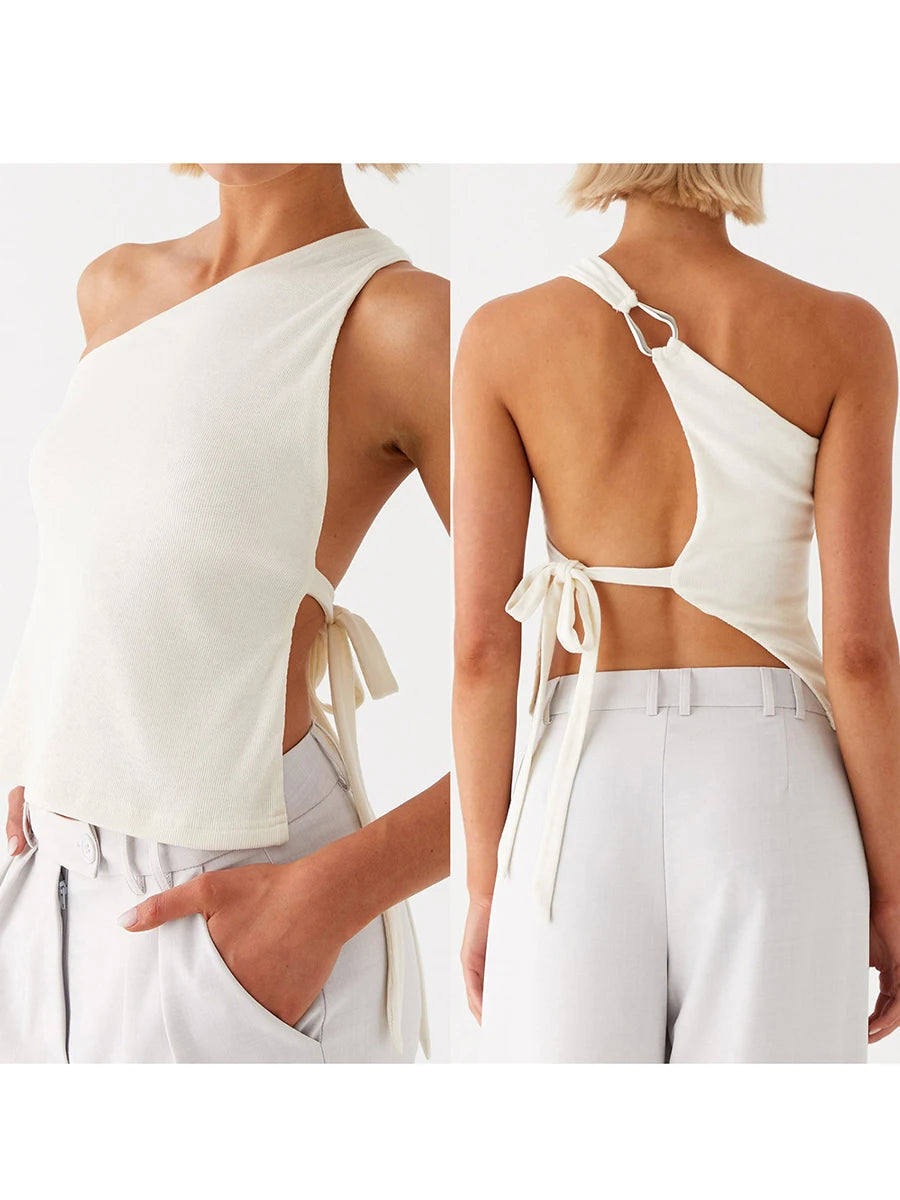 Women Off One Shoulder Tank Tops Solid Stylish Side Tie Design Summer Vest Fashion Sexy Bandage Tops