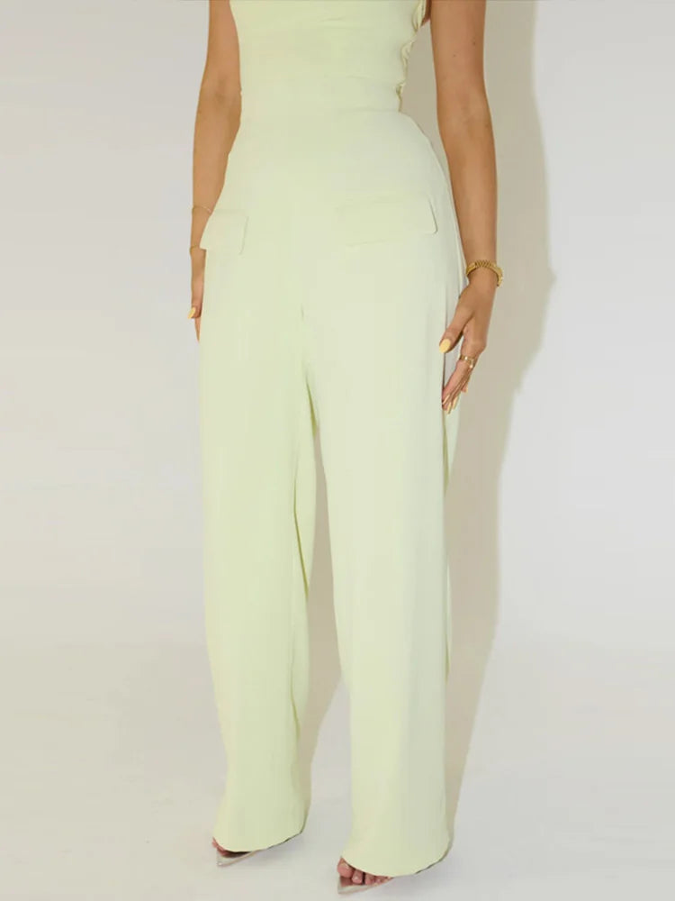 Halter Waist Cinched Top Straight Leg Pants Two Piece Set Commuter Slim Fit Hanging Neck Camisole Blouse High Waisted Trousers