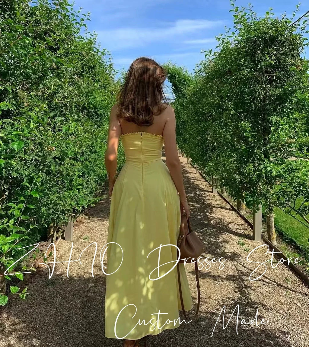 ZHIO Elegant Yellow Wedding Party Dress Strapless Pleat A-Line Ankle Length Satin Special Occasion Evening Dresses Customized