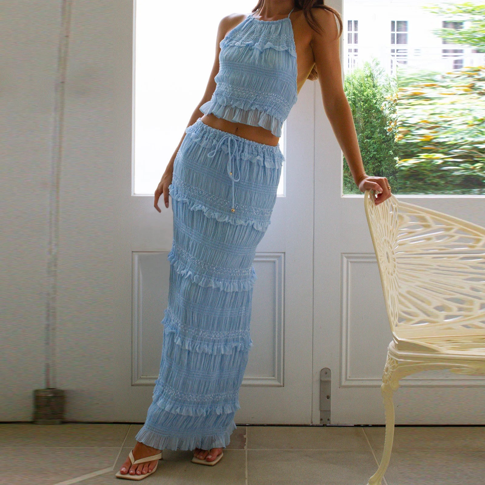 Women Summer Outfit Shirred Tie-up Halter Neck Sleeveless Open Black Tank Tops Drawstring Long Skirt 2 Pcs Set