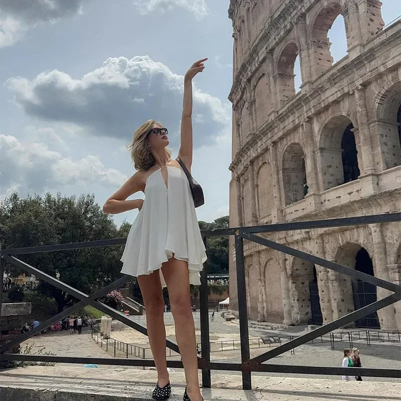 Solid Halter Lace Up Mini Dress Elegant Off Shoulder Backless A-line Loose Gown For Women 2025 Casual Summer Vacation Beach Gown