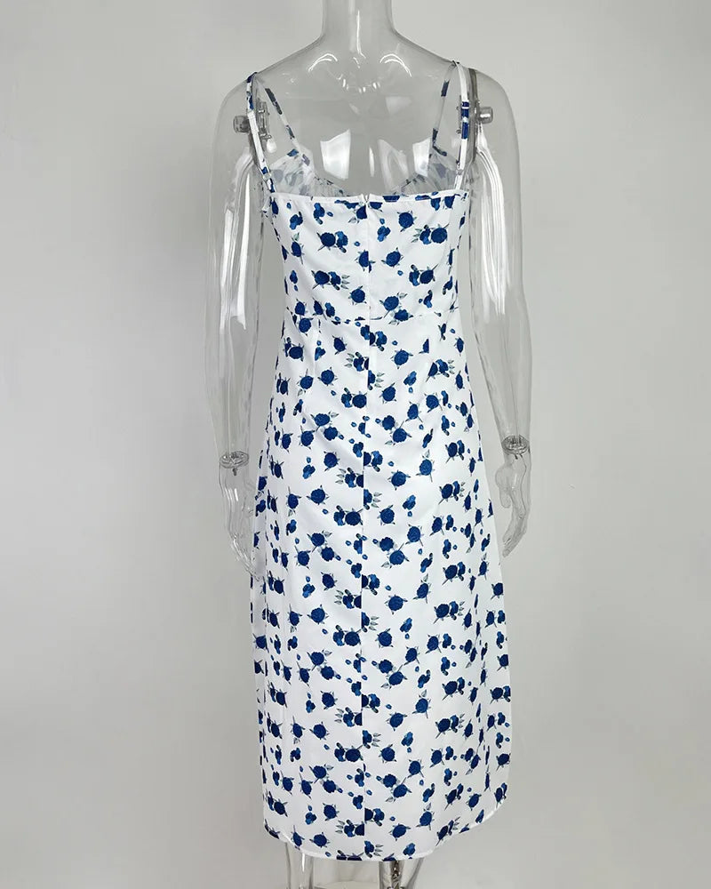 Flower Printed Spaghetti Strap Dresses For Women Sexy Low Cut Beach Party Slim Slit Dress Chic Bodycon Lady Sleeveless Vestidos